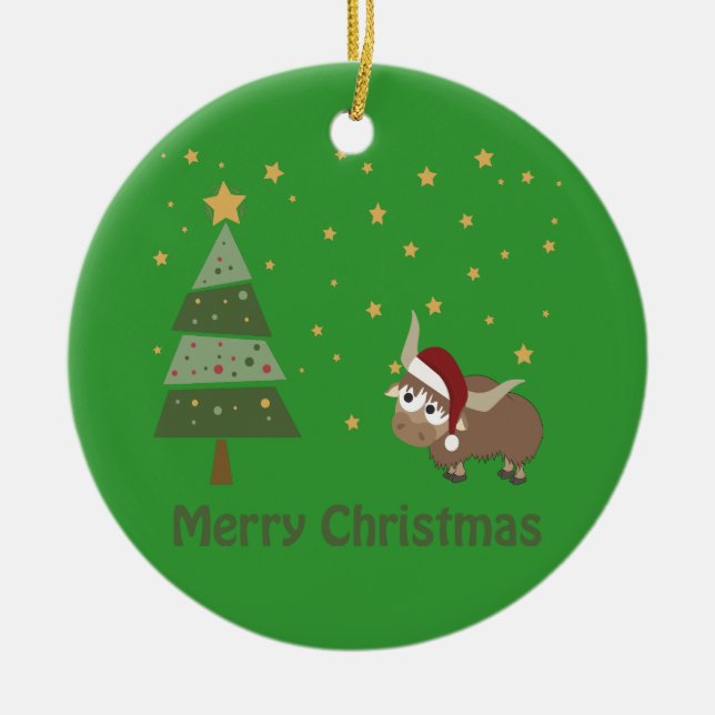 Santa Yak Weihnachtslandschaft Keramikornament (Vorne)