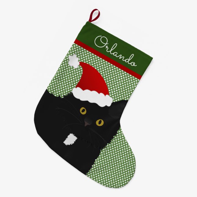 Santa Yellow Eyes Long Hair Black Cat Großer Weihnachtsstrumpf (Vorderansicht (hängend))
