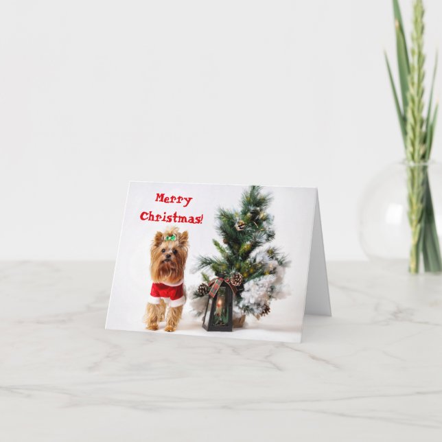 Santa Yorkie mit Weihnachtsbaum Feiertagskarte (Vorderseite)