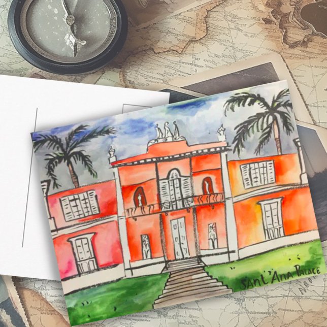Sant'Ana Palace Azores Ponta Delgalda Postkarte (Sant'Ana Palace Azores Ponta Delgalda São Miguel watercolor art custom Postcard)