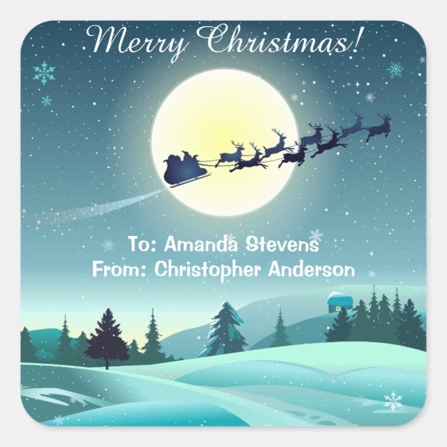 Santa's Flying Rentier Sleigh Quadratischer Aufkleber (Vorderseite)