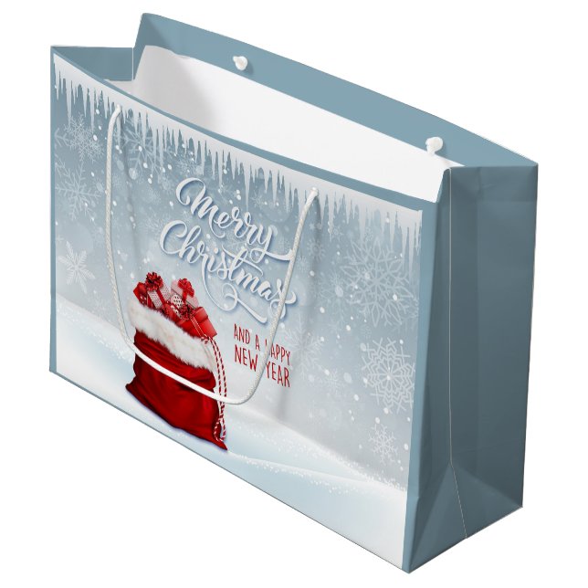 Santas-Geschenktasche, Ikeln und Schneeflocken Große Geschenktüte (Vorderseite Schrägansicht)