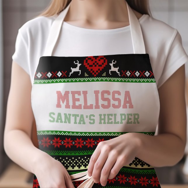 Santa's Helper Ugly Christmas Sweater MEDIUM Schürze (Cute Santa's Helper Ugly Sweater Apron with Any Name in Faux Stitched Typography | SIZE MEDIUM)