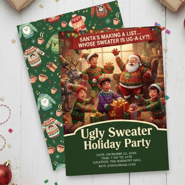 Santa's List Ugly Sweater Holiday Party Dramatic  Einladung (Von Creator hochgeladen)