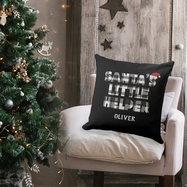 Santa's little helper Personalized  Kissen (santa's little helper personalized pillow. black and white plaid check)