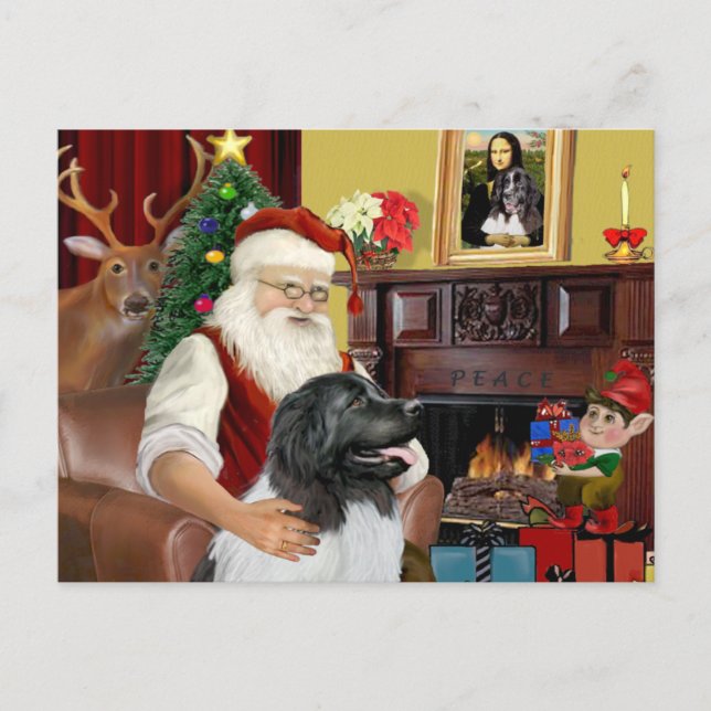 Santa's Newfie Landseer Feiertagspostkarte (Vorderseite)