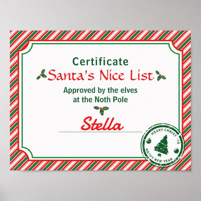 Santa's Nice List Certificate Red Green Candy Cane Poster (Vorne)