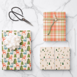 Santa's Reindeer, Alpine Skiers on Holiday, Plaid Geschenkpapier Set