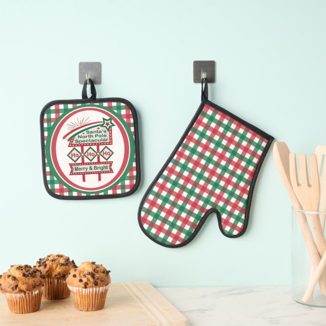 Santa's Retro Marquee - Ho Ho Ho Merry & Bright Ofenhandschuh & Topflappen-Set (Insitu (Hängend))