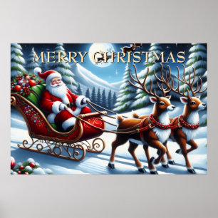 Santas Schlitten durch den schneebedeckten Wald zu Poster