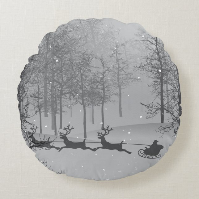 Santa's Schlitten in einem Winterwunderland Rundes Kissen (Vorderseite)