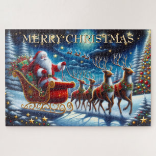 Santas Schlitten und Rentiere in der Weihnachtsnac