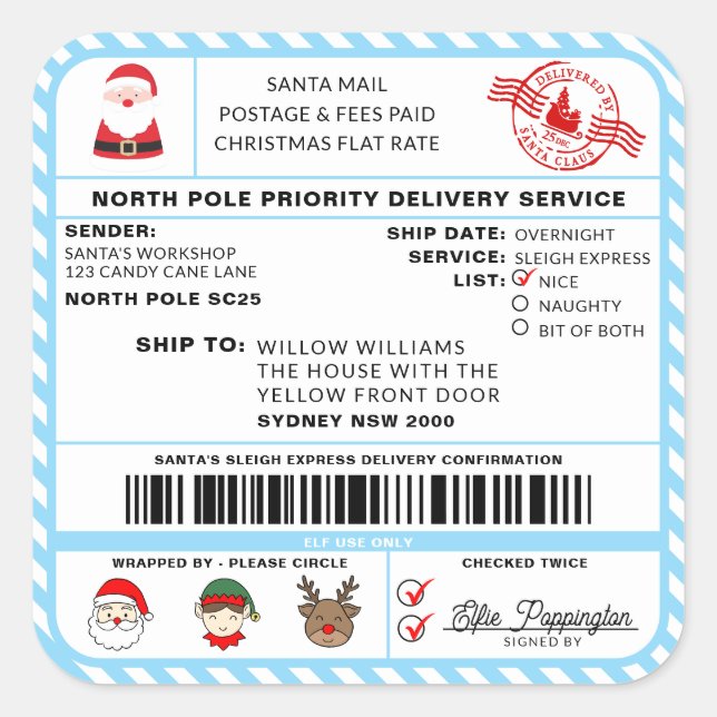 Santas Sleigh Christmas Shipping Label Sticker (Vorderseite)