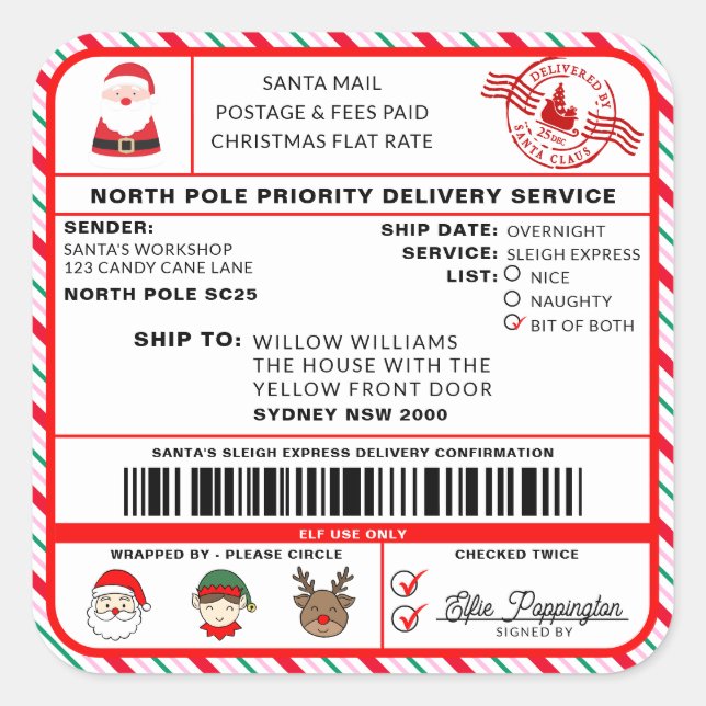 Santas Sleigh Christmas Shipping Label Sticker (Vorderseite)