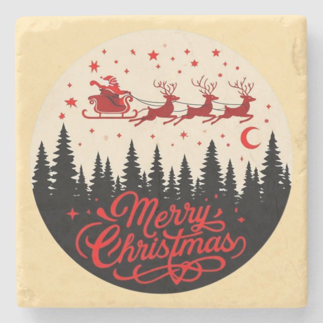 Santa's Sleigh Frohe Weihnachtswaldszene Kunst Steinuntersetzer (Vorderseite)