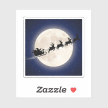 Santa's Sleigh & Reindeer Silhouette Over Moon