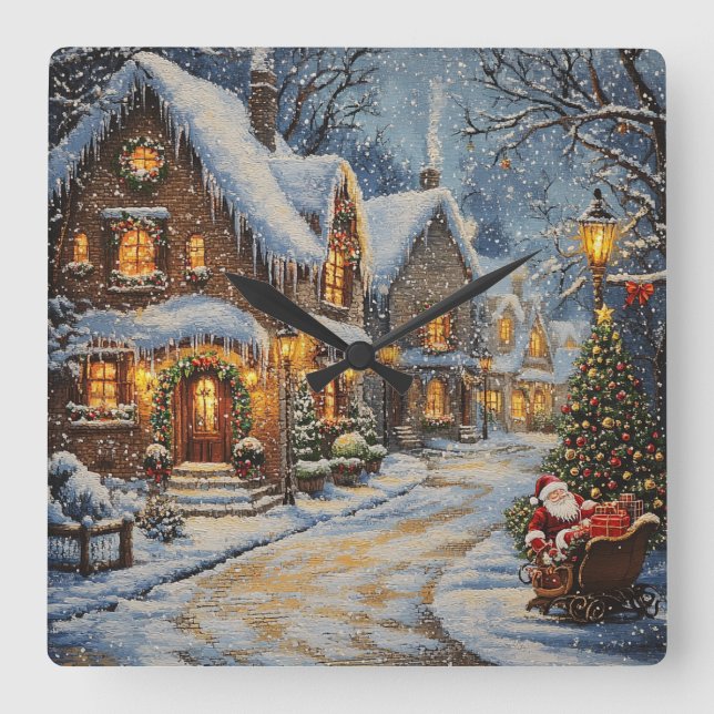 Santa's Sleigh Ride Winter Wonderland Clock Quadratische Wanduhr (Vorderseite)