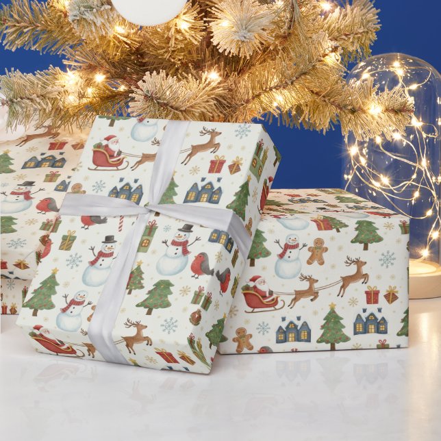 Santa's Sleigh Watercolor Christmas Wrapping Paper Geschenkpapier (Feiertage)