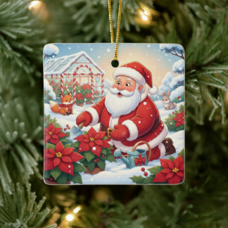 Santa's Snowy Poinsettia Greenhouse Garden Keramikornament