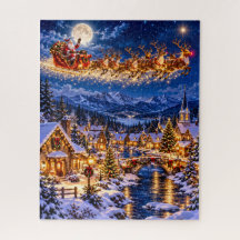 Santas Weihnachtsflug über einem schneebedeckten D