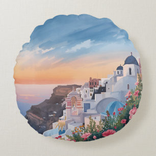 Santorin atemberaubender Sonnenuntergangsblick Rundes Kissen