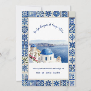 Santorin Blaue Fliesen Wasserfarbe Destination Hoc Einladung