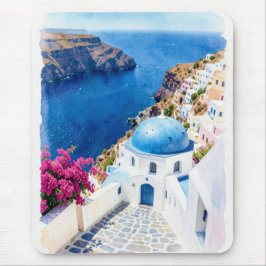 Santorin Blaue Kuppel Aquarell Poster Mousepad