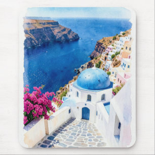 Santorin Blaue Kuppel Aquarell Poster Mousepad
