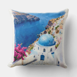 Santorin Blaues Dom Wasserfarbenposter Kissen