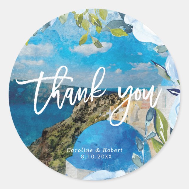 Santorin bleu floraux mariage merci sticker (Devant)