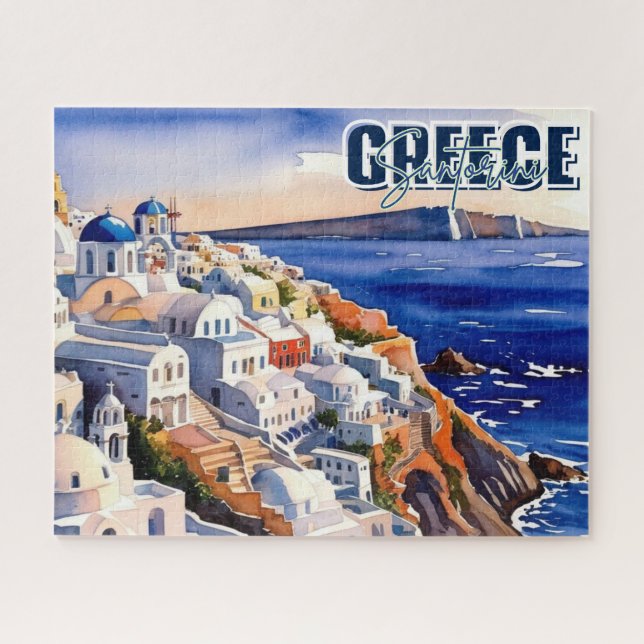 Santorin Grèce garde le puzzle de l'aquarelle (Horizontal)