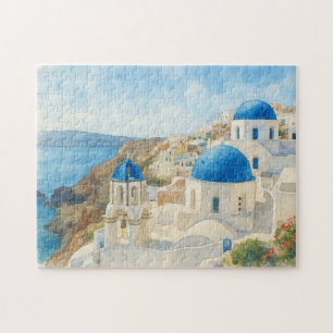 Santorin Griechenland Aquarell  Blaue Kuppel Kirch