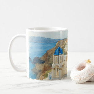 Santorin Griechenland Aquarell Blaue Kuppelkirche Kaffeetasse