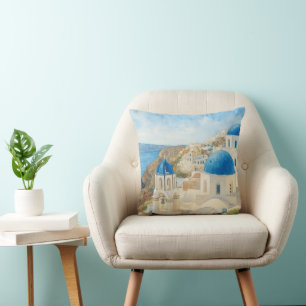 Santorin Griechenland Aquarell Blaue Kuppelkirche Kissen