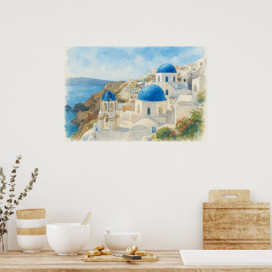 Santorin Griechenland Aquarell Blaue Kuppelkirche  Poster