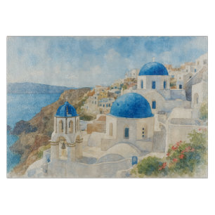 Santorin Griechenland Aquarell Blaue Kuppelkirche Schneidebrett