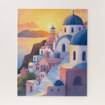 Santorin, Griechenland | Aquarell-Küstenlinie Sonn