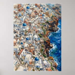 Santorin Griechenland Blaue Kuppeln Küsten-Aquarel Poster
