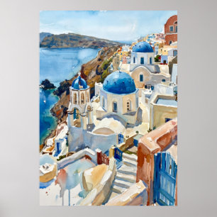 Santorin Griechenland Blaue Kuppeln Poster