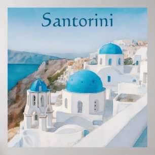Santorin, Griechenland Dorf mit blauen Kuppeln Poster