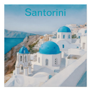 Santorin, Griechenland, mit blauen Kuppeln Poster