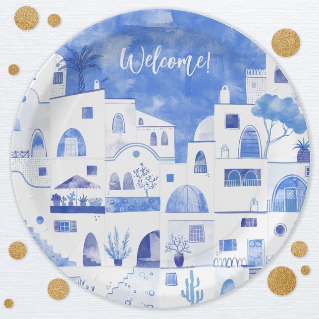 Santorin Griechenland Wasserfarbener benutzerdefin Pappteller (Santorini Oia Greece watercolor art party paper plate with custom text)