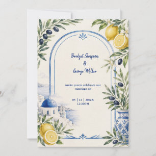 Santorin Küstenblau-Fliesen-Aquarell-Hochzeit Einladung