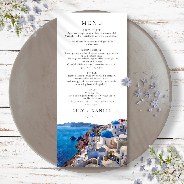 Santorini, Aquakultur Griechenland Hochzeit in Url Menükarte (Watercolor Santorini Greece Destination Wedding Menu)