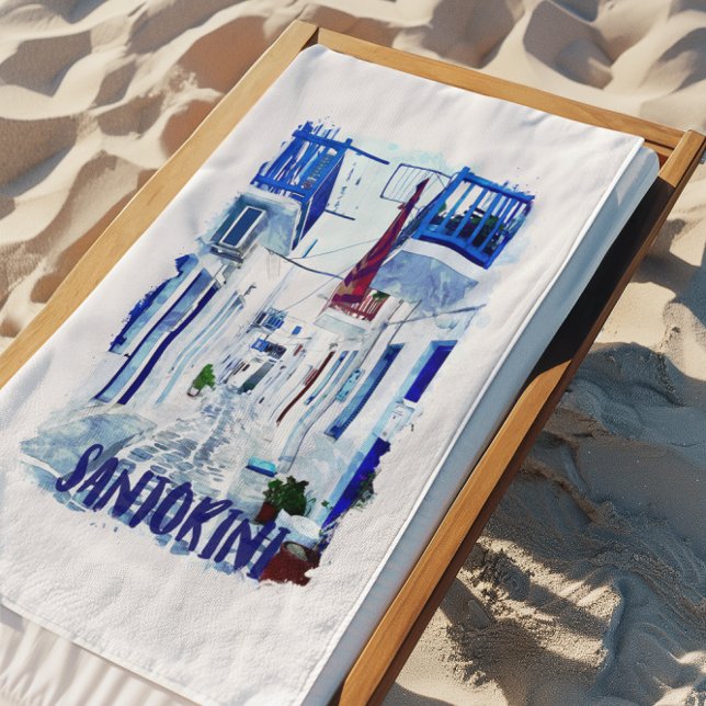 Santorini Blau-Weiß-Reise Strandtuch (Minimalist Santorini Blue and White Travel Beach Towel)