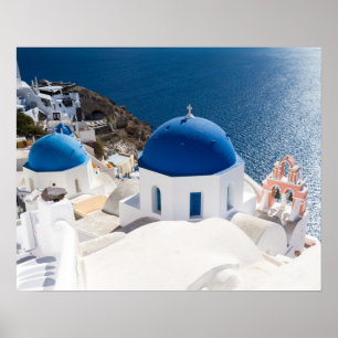 Santorini - blaue gewölbte Kirche an Oia-Plakat Poster