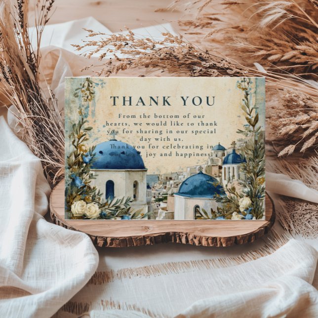 Santorini Blue Dome Botanical Destination Wedding Dankeskarte (Von Creator hochgeladen)