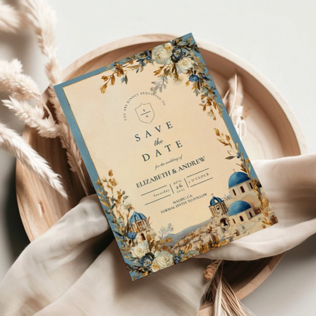 Santorini Blue Dome Botanical Elegance Save The Date (Von Creator hochgeladen)