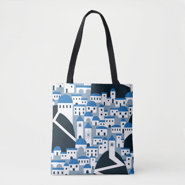 Santorini-Dorfbild in Weiß und Blau Tasche (Vorderseite)