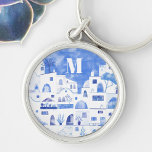 Santorini Greece Aquatercolor Monogram Schlüsselanhänger<br><div class="desc">Ein Aquarellbild der schönen griechischen Insel Santorin. Originelle Kunst von Nic Squirrell. Ändern Sie das Monogramm zuerst,  um es zu personalisieren.</div>